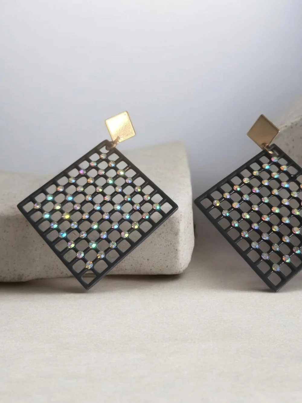 Black Geometric Grid Drop Earrings with Iridescent Stones